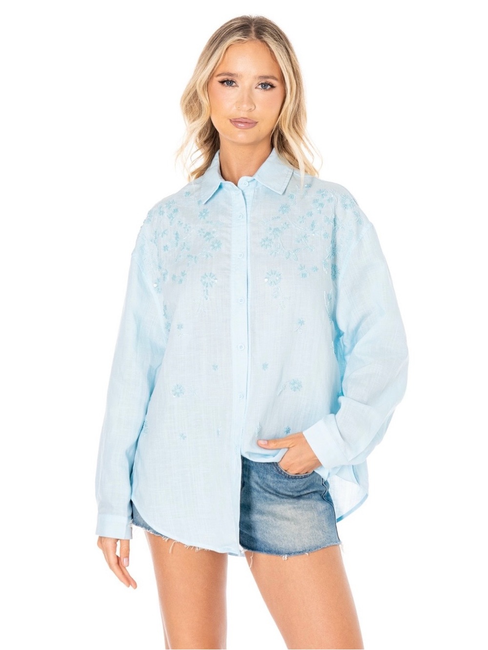 Celestial Frost Embroidered Button-Down Blouse
